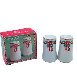 Tienshan/Fairfield Poinsettia & Ribbons Salt Pepper Shakers Festive Holiday READ